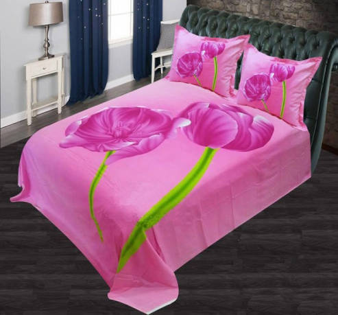 Pink Color Flower Printed Bed Sheet