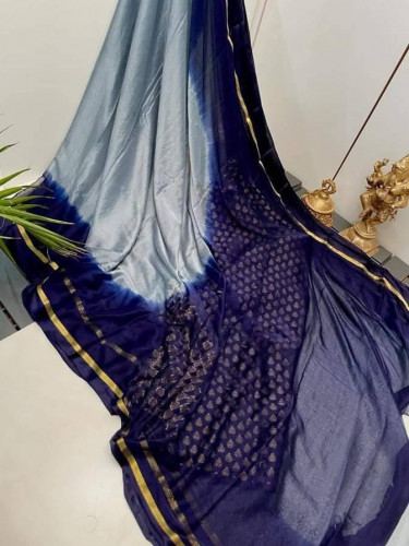 Jaipuri Chiffon Navy Blue Silk Saree with Blouse Piece