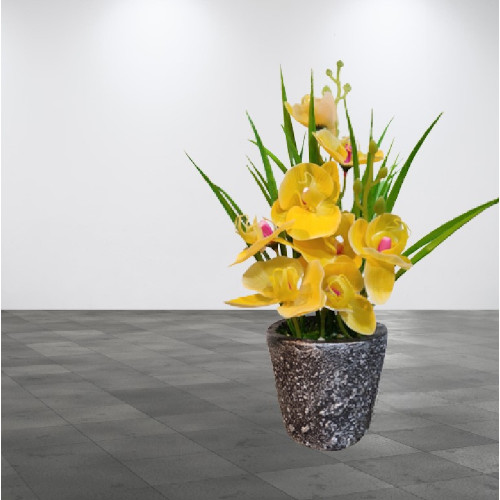 Artificial Yellow Orchid Flower With Wooden Tub
