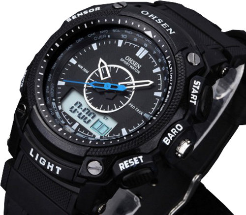 Ohsen LCD Alarm Military Sport Rubber Quartz Men Wrist Watch