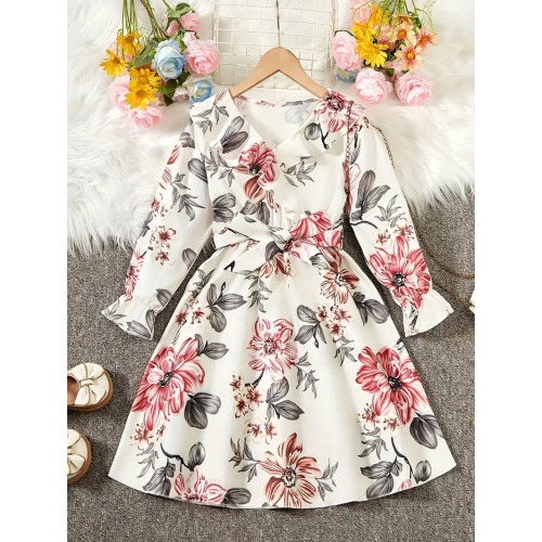 Flower Gown Elegant Floral Fit Dress for Girls with Belt